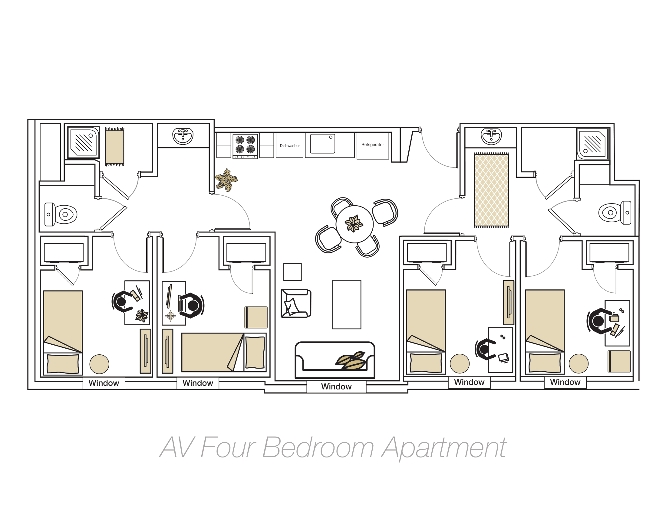 Floor plan of four Bedroom Apartment.