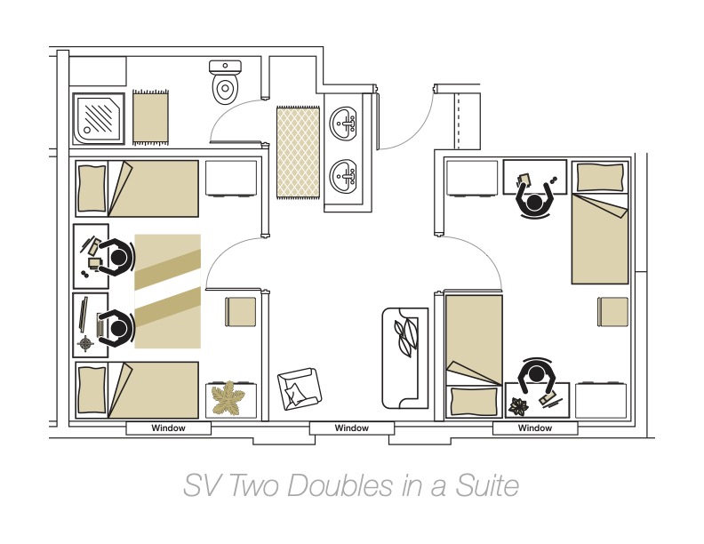 Floor plan for two doubles in a suite