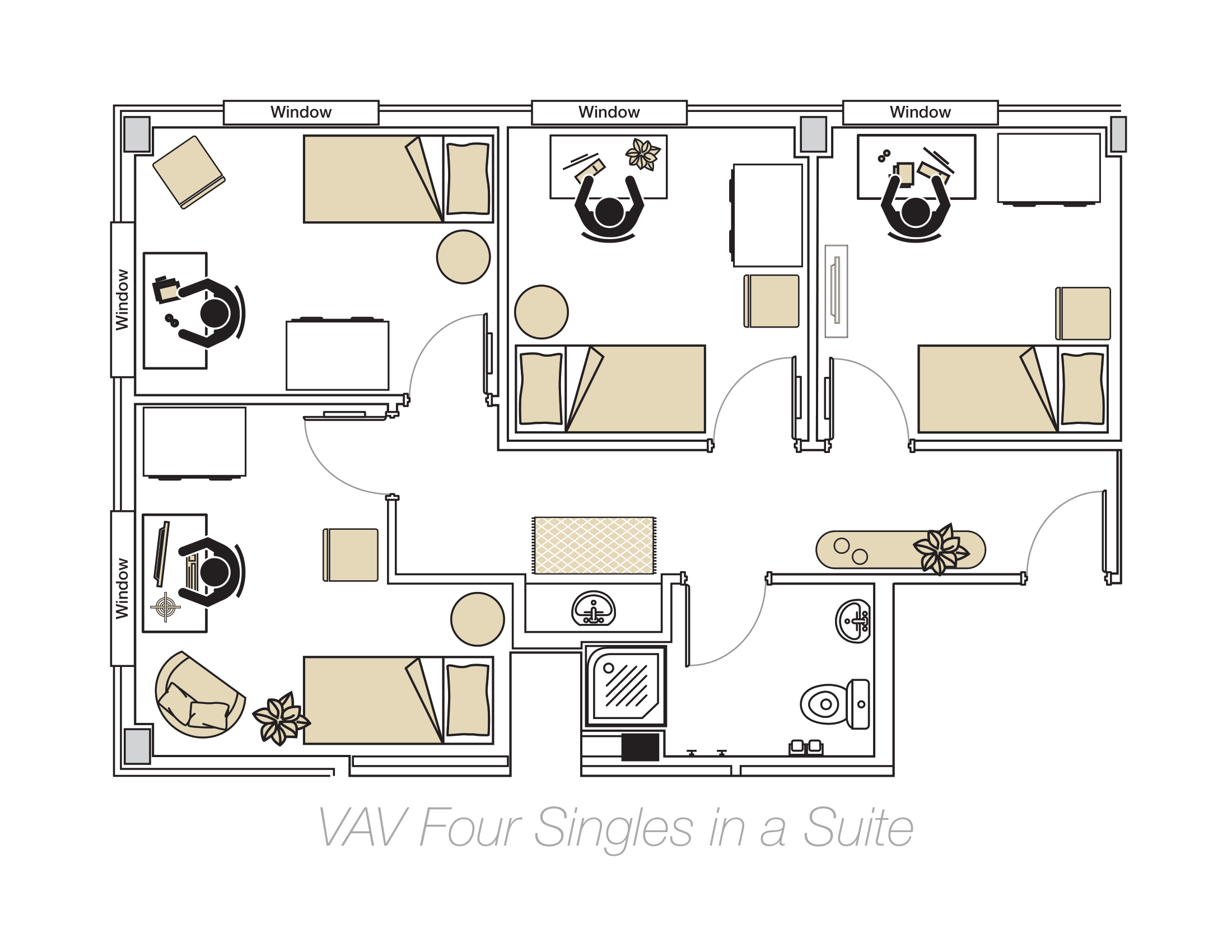 Floor plan of Four Singles in a Suite.