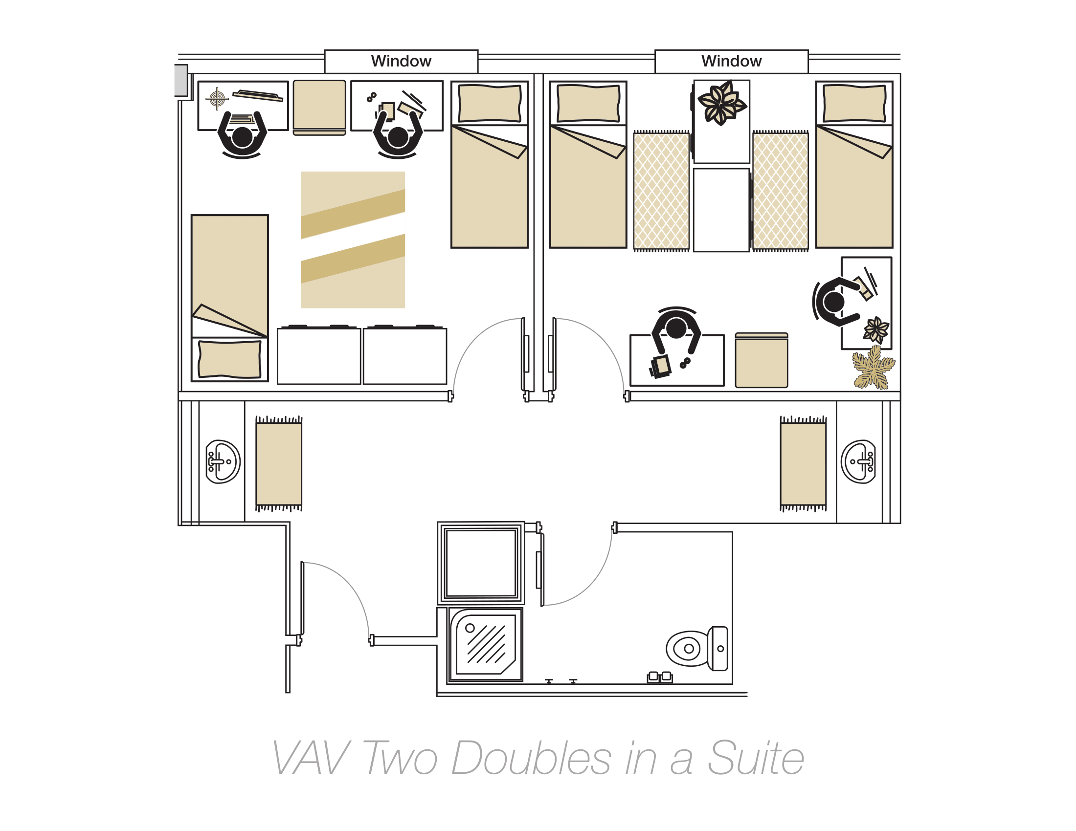 Floor plan of Two Doubles in a Suite.