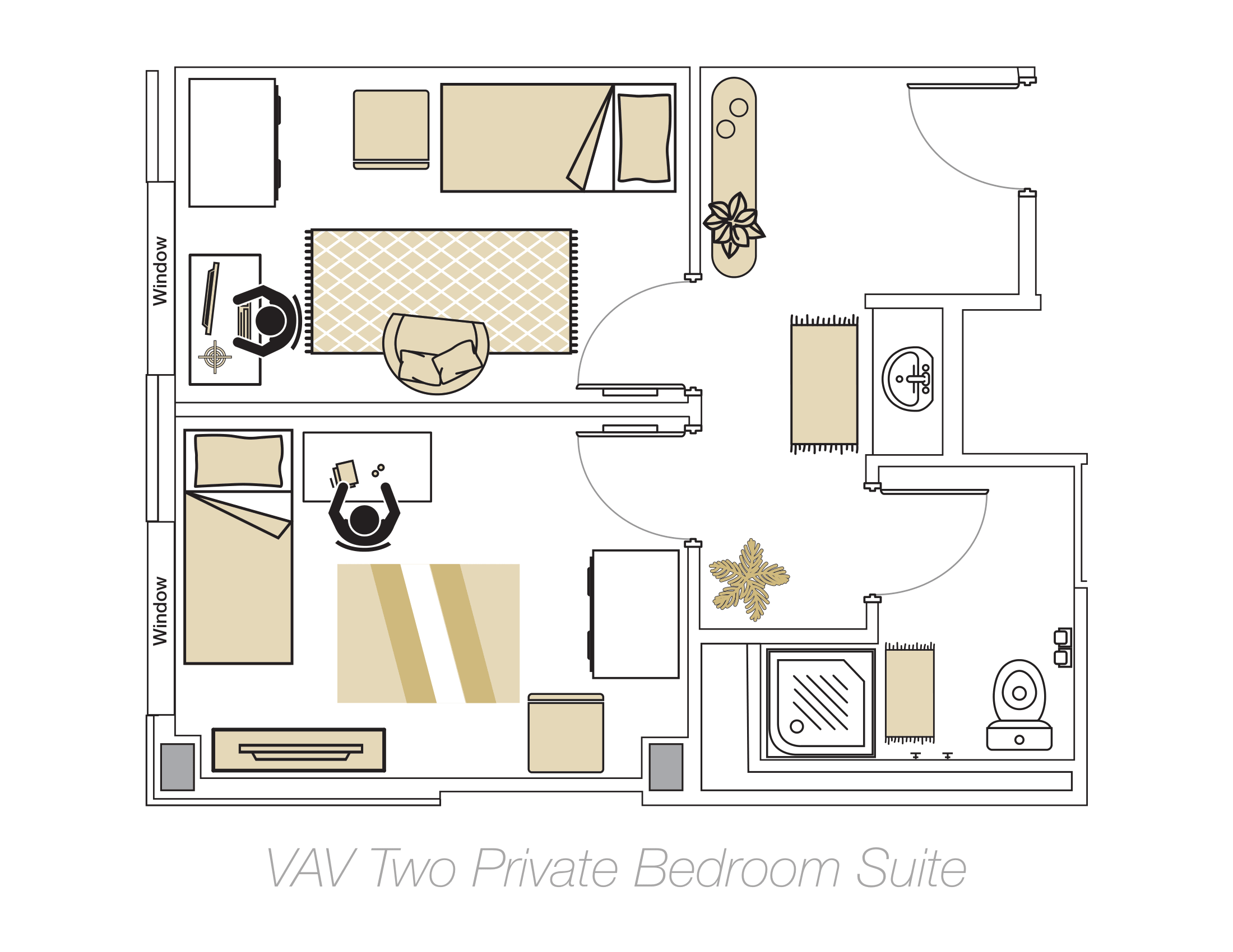 Floor plan of Two Private Bedroom Suite.