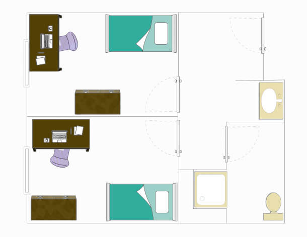 Floorplan for VAV Private Bedroom in a 2-Person Suite